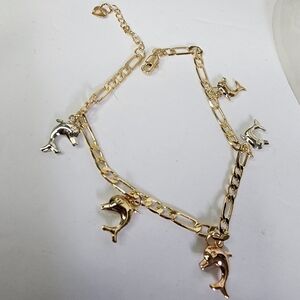 Tricolor Gold Stainless Steel Ankle Bracelet with Dolphin Charms New